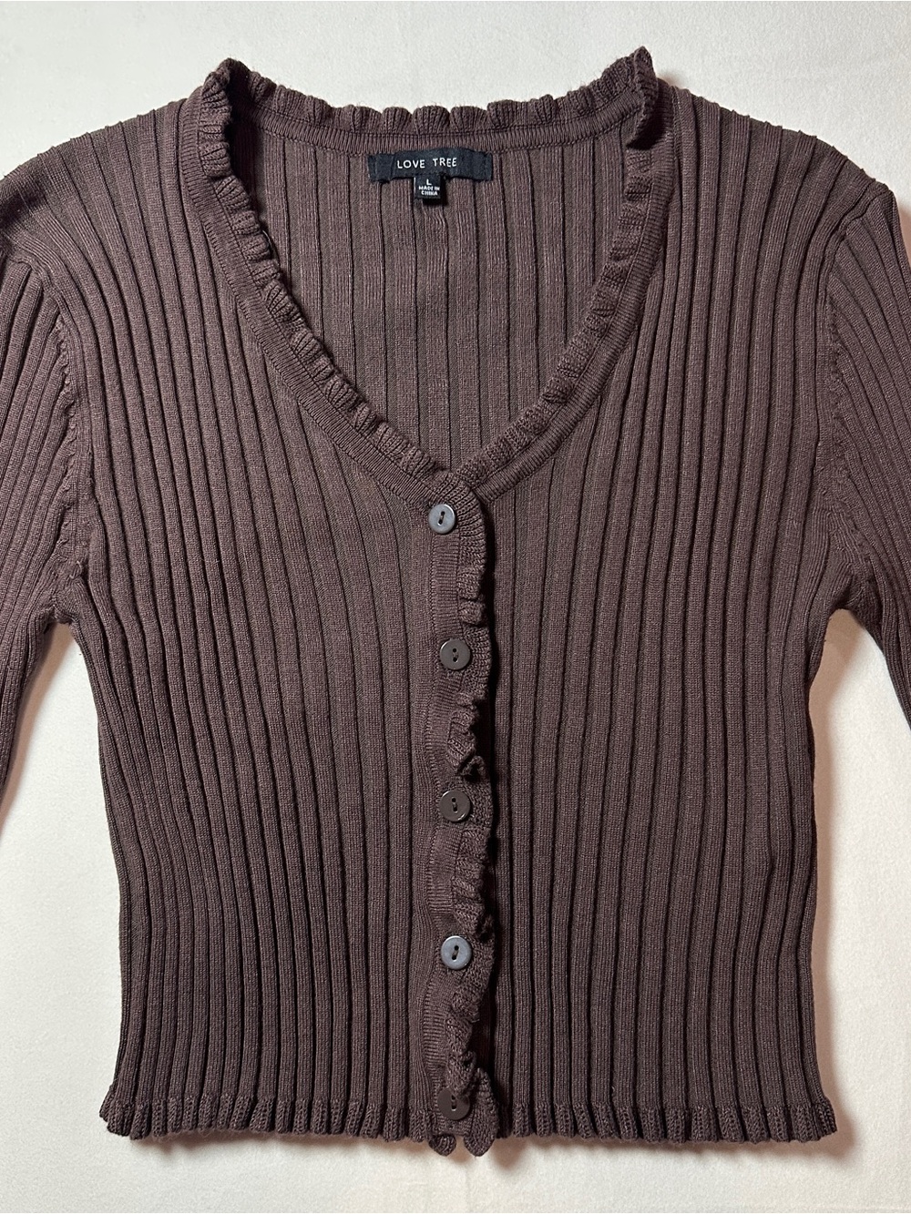 Fall Aesthetic Love Tree Brown Ribbed V-Neck Ruffle-Edge Button Cardigan Chic L - Picture 2 of 6